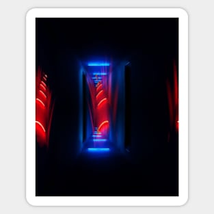 Digital collage and special processing. Sci-fi and mystic. Corridor. Red and blue lights. Sticker